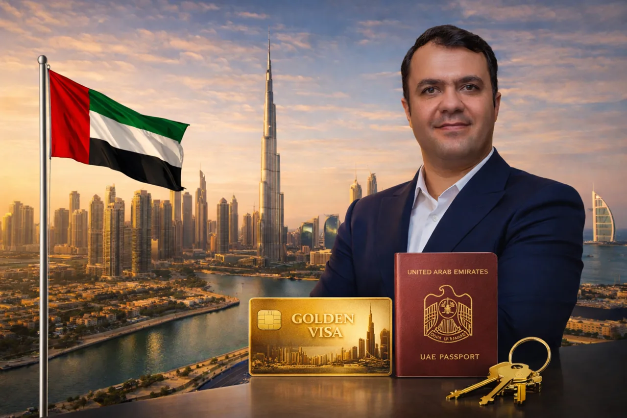 Dubai Golden Visa Requirements for Grove Ridge Investors image showing investor portrait, Golden Visa card, UAE passport, keys, UAE flag, and Dubai skyline. Presented by Tohid Fetrat