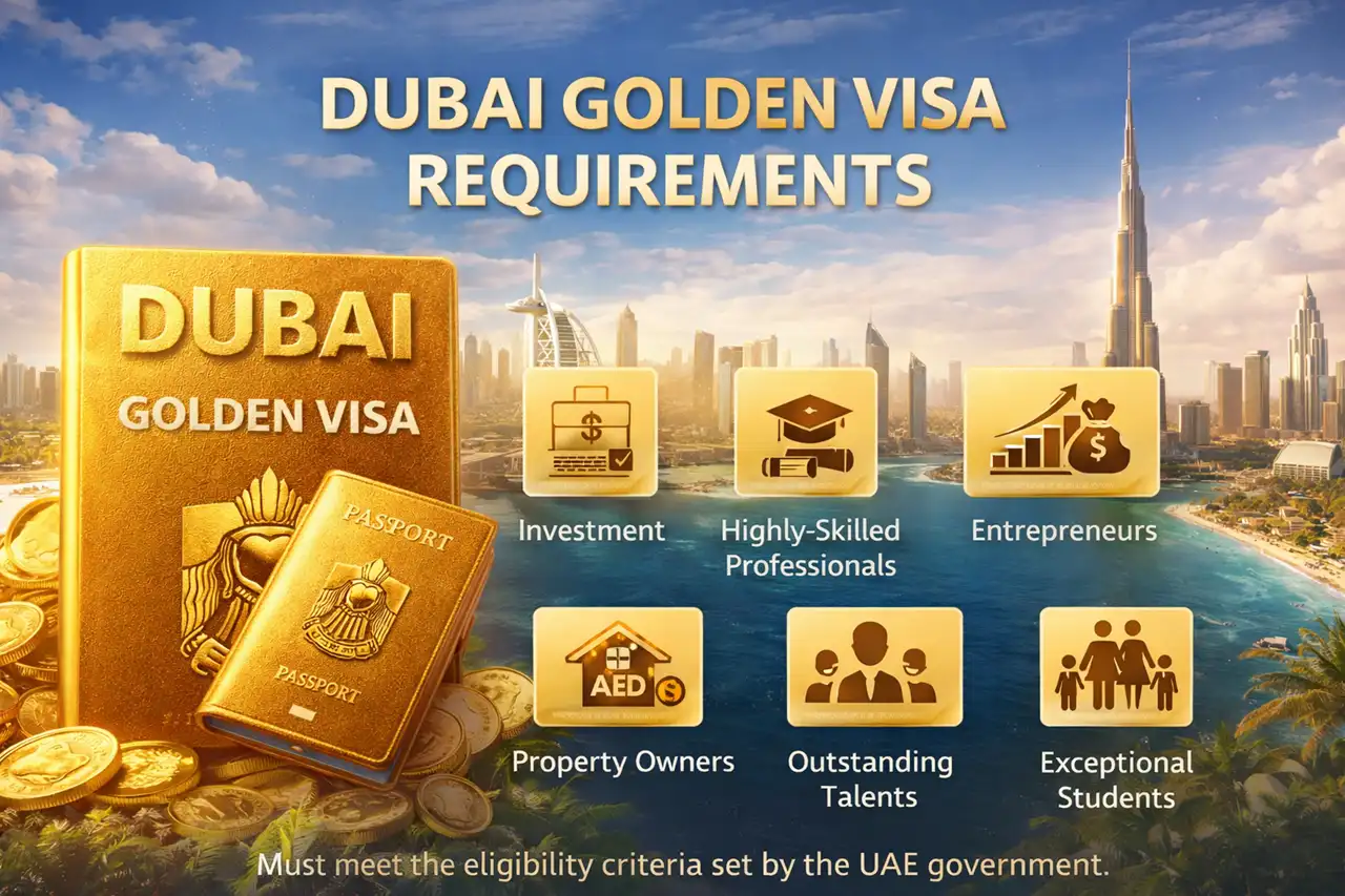 Dubai Golden Visa requirements including investment property eligibility professionals and entrepreneurs with Burj Khalifa skyline Presented by Tohid Fetrat