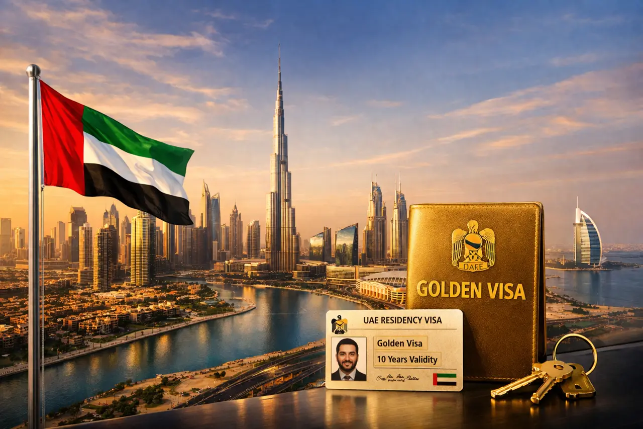 Dubai Golden Visa requirements UAE residency card 10 years validity passport keys and Burj Khalifa skyline with UAE flag Presented by Tohid Fetrat