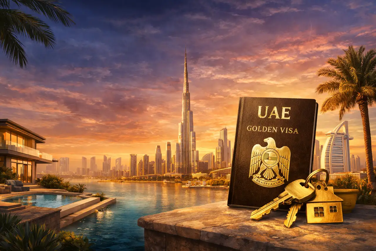 Dubai Golden Visa through property investment with luxury villa keys passport and Burj Khalifa skyline at sunset Presented by Tohid Fetrat