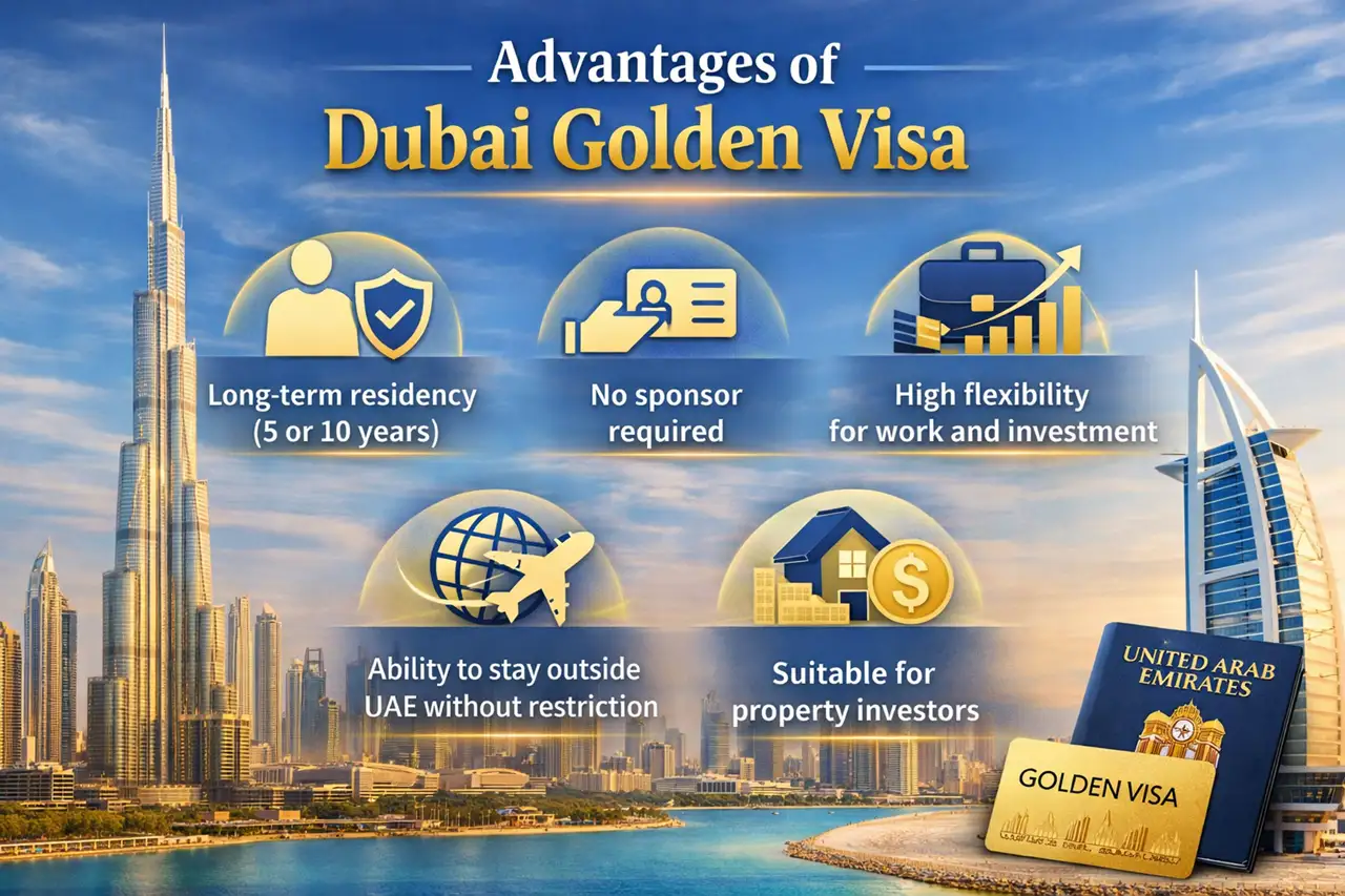 Dubai Golden Visa vs Investor Visa image highlighting advantages of Dubai Golden Visa including long term residency, no sponsor requirement, flexibility, and global mobility with Dubai skyline. Presented by Tohid Fetrat