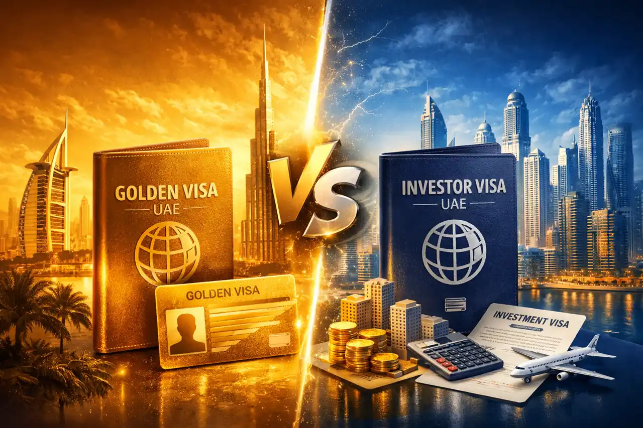 Dubai Golden Visa vs Investor Visa comparison image showing Golden Visa card, investor visa passport, investment documents, calculator, coins, and Dubai skyline split design. Presented by Tohid Fetrat