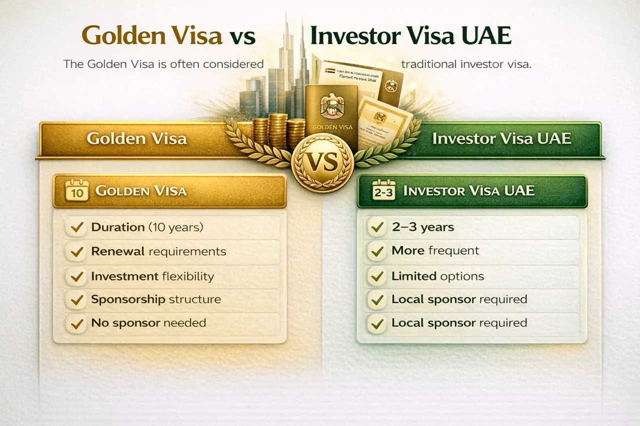 Dubai Golden Visa vs Investor Visa UAE comparison showing duration benefits investment flexibility and sponsorship differences Presented by Tohid Fetrat