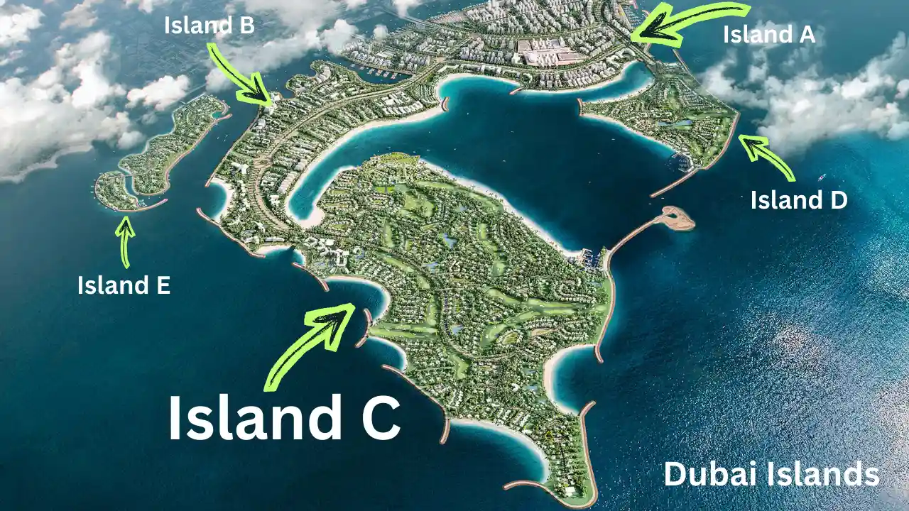 Aerial view of Dubai Islands master community highlighting Island C within the waterfront development surrounded by the Gulf Presented by Tohid Fetrat