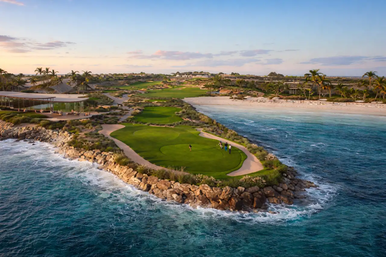 Waterfront golf course surrounded by the Gulf with landscaped fairways and rocky shoreline at Dubai Islands Island C Presented by Tohid Fetrat