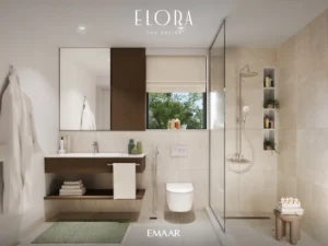 Elora at The Valley by Emaar modern bathroom interior with walk in shower minimalist vanity and natural finishes in Dubai - Presented by Tohid Fetrat