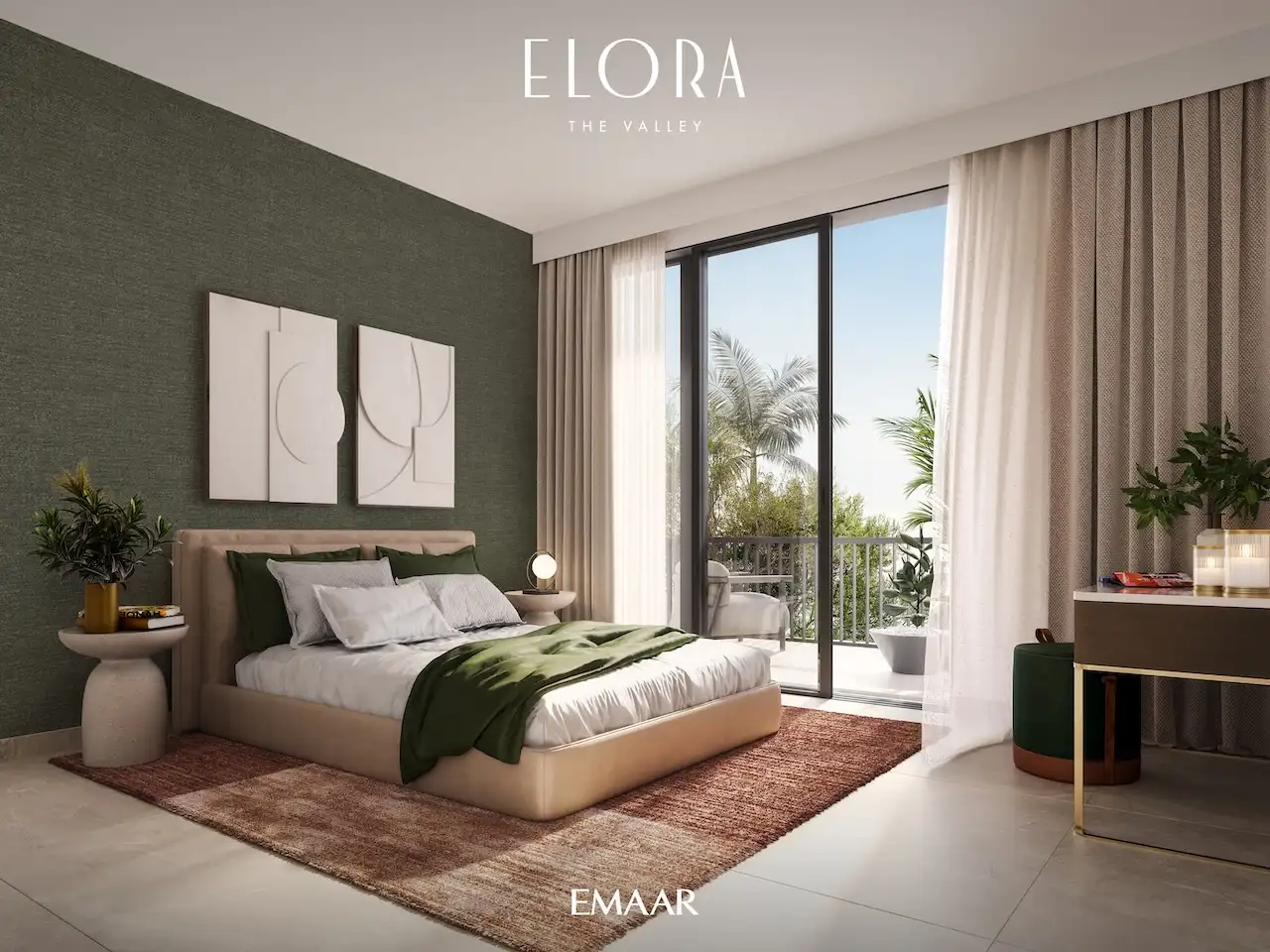 Elora at The Valley by Emaar modern bedroom interior with balcony access natural light and contemporary design finishes in Dubai - Presented by Tohid Fetrat