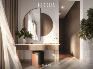 Elora at The Valley by Emaar modern interior vanity space with round mirror soft lighting and contemporary design details in Dubai - Presented by Tohid Fetrat