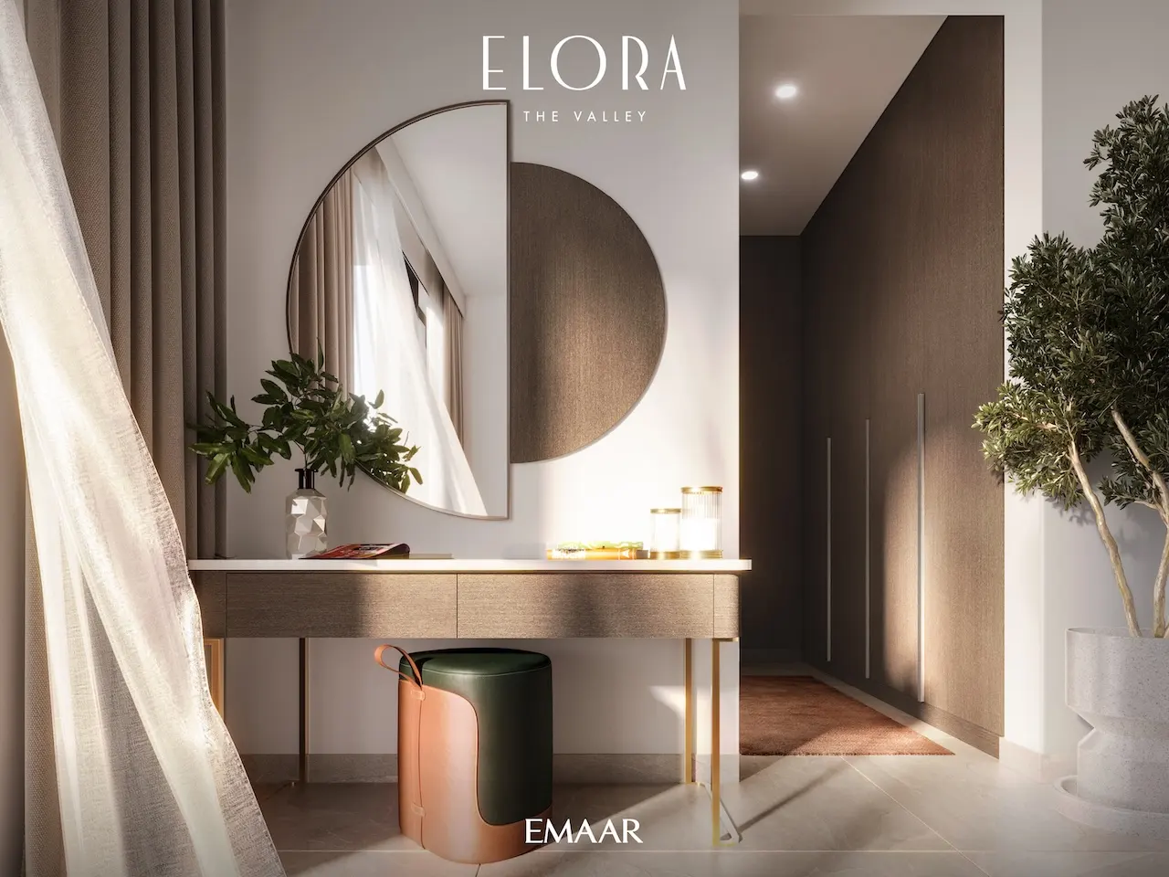 Elora at The Valley by Emaar modern interior vanity space with round mirror soft lighting and contemporary design details in Dubai - Presented by Tohid Fetrat