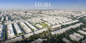 Elora at The Valley by Emaar aerial view of modern residential community with landscaped parks organized streets and low rise homes in Dubai - Presented by Tohid Fetrat