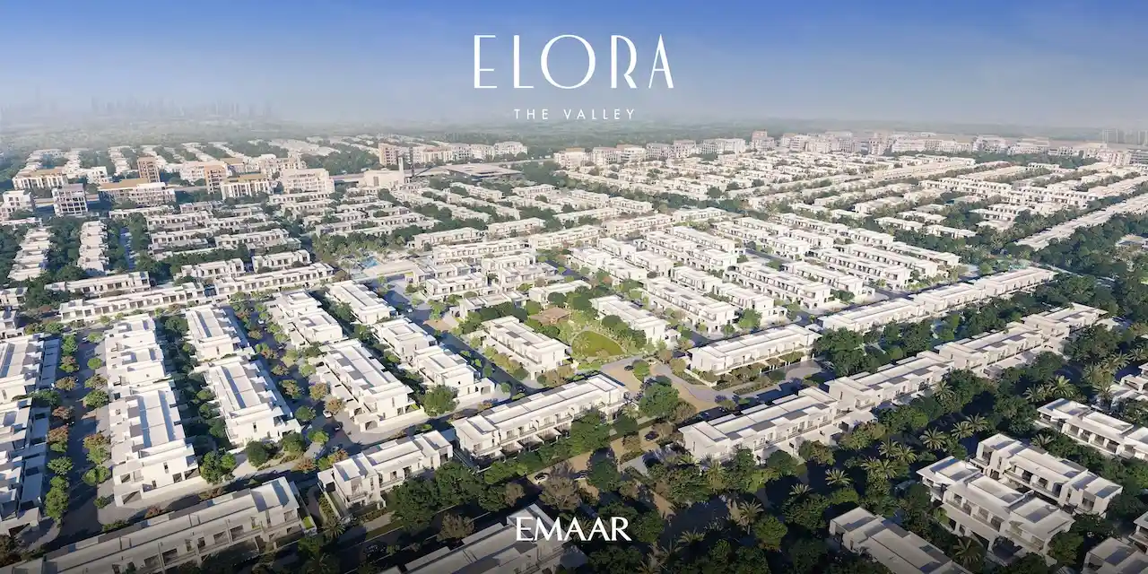 Elora at The Valley by Emaar aerial view of modern residential community with landscaped parks organized streets and low rise homes in Dubai - Presented by Tohid Fetrat