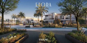 Elora at The Valley by Emaar community sports court surrounded by landscaped gardens palm trees and modern townhouses in Dubai - Presented by Tohid Fetrat