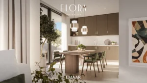 Elora at The Valley by Emaar modern dining and kitchen interior with natural light contemporary cabinetry and elegant finishes in Dubai - Presented by Tohid Fetrat