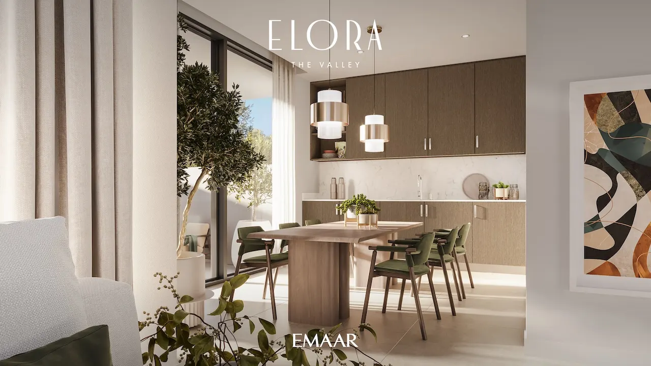 Elora at The Valley by Emaar modern dining and kitchen interior with natural light contemporary cabinetry and elegant finishes in Dubai - Presented by Tohid Fetrat