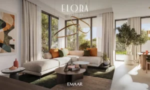 Elora at The Valley by Emaar modern living room interior with large windows contemporary seating and natural daylight in Dubai - Presented by Tohid Fetrat