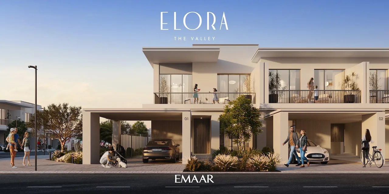 Elora at The Valley by Emaar modern residential facade with balconies, landscaped frontage and family lifestyle setting in Dubai - Presented by Tohid Fetrat