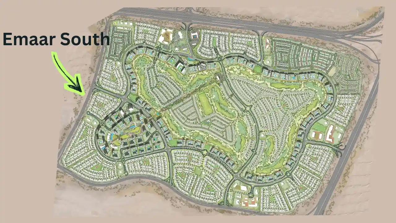 Emaar South master plan layout showcasing residential clusters surrounding a central golf course with landscaped green corridors and road networks in Dubai Presented by Tohid Fetrat
