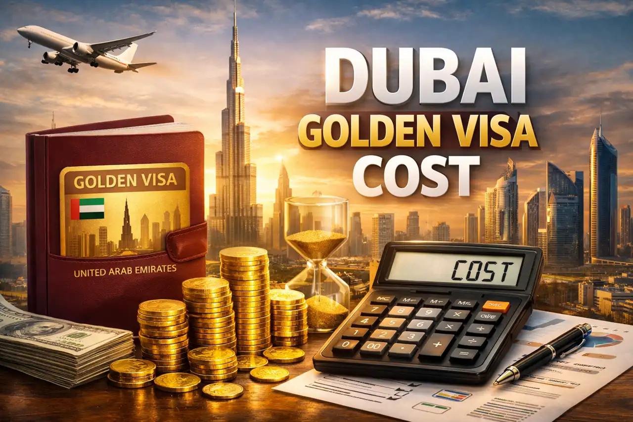 Golden Visa Cost in Dubai image showing Golden Visa card, calculator, stacked coins, cash, and cost planning visuals with Dubai skyline. Presented by Tohid Fetrat