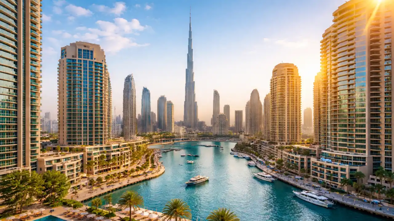 Downtown Dubai waterfront skyline with Burj Khalifa illustrating Golden Visa through real estate investment in Dubai Presented by Tohid Fetrat