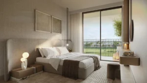 Golf Meadow at Emaar South by Emaar bedroom interior with soft neutral tones modern furniture and balcony golf course view in Dubai - Presented by Tohid Fetrat