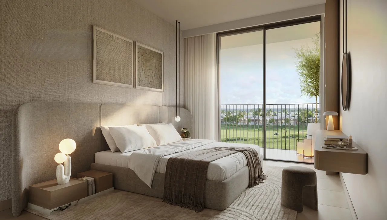 Golf Meadow at Emaar South by Emaar bedroom interior with soft neutral tones modern furniture and balcony golf course view in Dubai - Presented by Tohid Fetrat