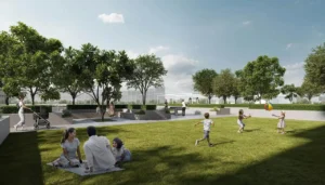 Golf Meadow at Emaar South by Emaar landscaped community park with green lawns shaded seating and family friendly outdoor spaces in Dubai - Presented by Tohid Fetrat