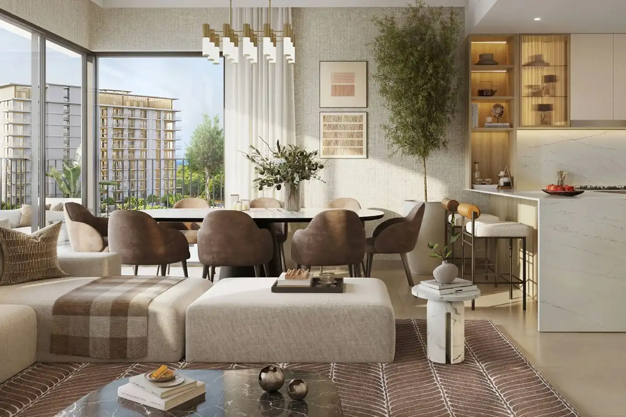 Golf Meadow at Emaar South by Emaar open plan living and dining area with modern furniture natural textures and balcony view in Dubai - Presented by Tohid Fetrat