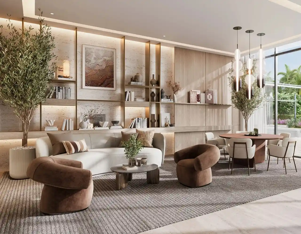 Golf Meadow at Emaar South by Emaar lounge and living area with modern furniture warm tones built in shelving and natural light in Dubai - Presented by Tohid Fetrat