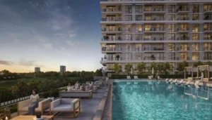 Golf Meadow at Emaar South by Emaar outdoor swimming pool with lounge seating landscaped surroundings and golf course views in Dubai - Presented by Tohid Fetrat