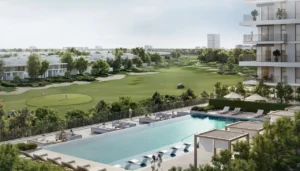 Golf Meadow at Emaar South by Emaar swimming pool with lounge areas overlooking golf course landscaped greenery and residential buildings in Dubai - Presented by Tohid Fetrat