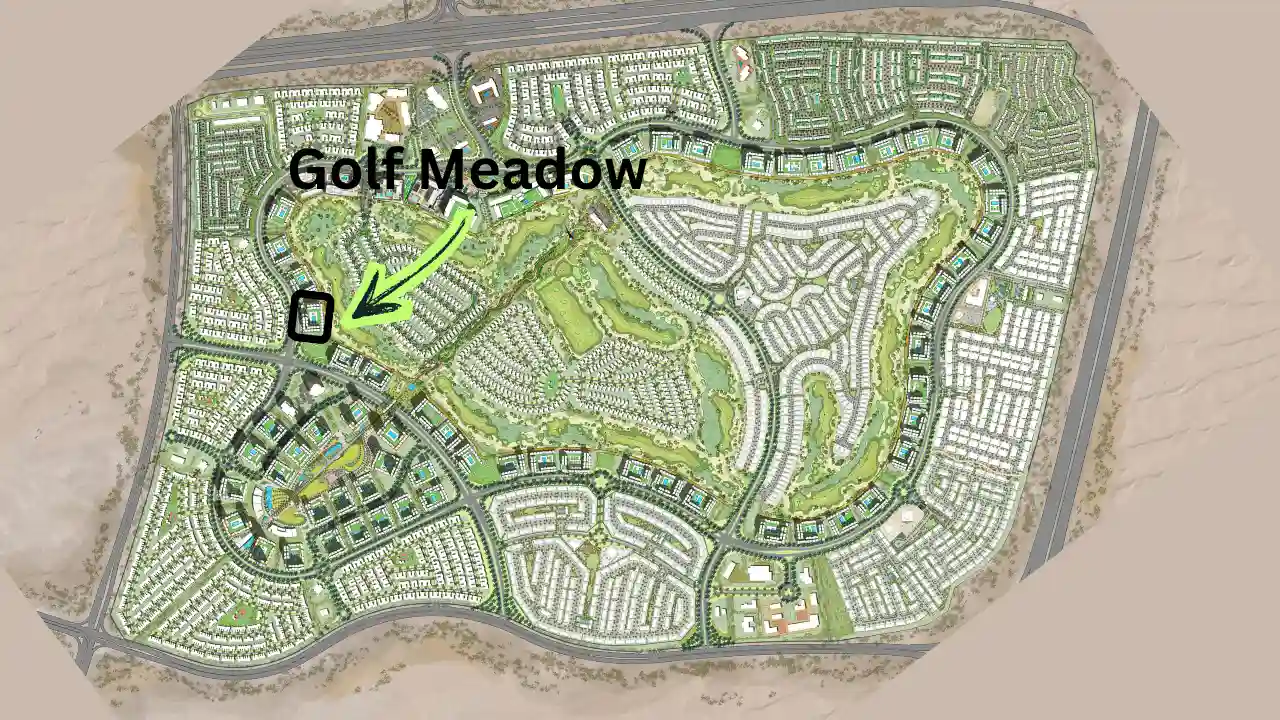 Golf Meadow at Emaar South by Emaar location within community masterplan highlighting project position near golf course and residential clusters in Dubai - Presented by Tohid Fetrat