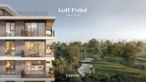Golf Point at Emaar South by Emaar apartment balconies overlooking golf course with landscaped greenery and city skyline Presented by Tohid Fetrat