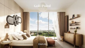 Golf Point at Emaar South by Emaar bedroom with golf course view balcony large windows and elegant interior design Presented by Tohid Fetrat