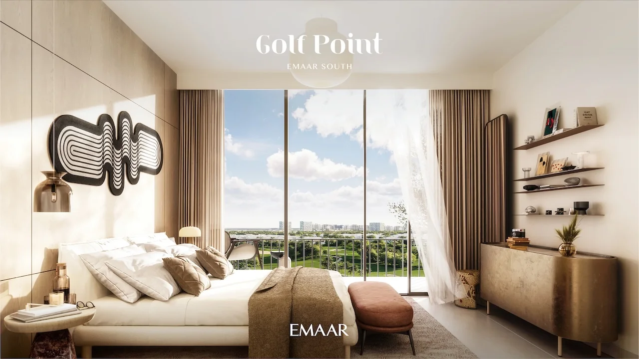 Golf Point at Emaar South by Emaar bedroom with golf course view balcony large windows and elegant interior design Presented by Tohid Fetrat