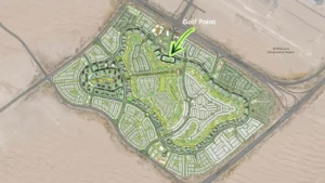 Golf Point at Emaar South by Emaar location within masterplan community map showing golf course layout and surrounding neighborhoods Presented by Tohid Fetrat