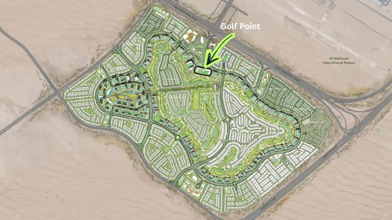 Golf Point at Emaar South by Emaar location within masterplan community map showing golf course layout and surrounding neighborhoods Presented by Tohid Fetrat