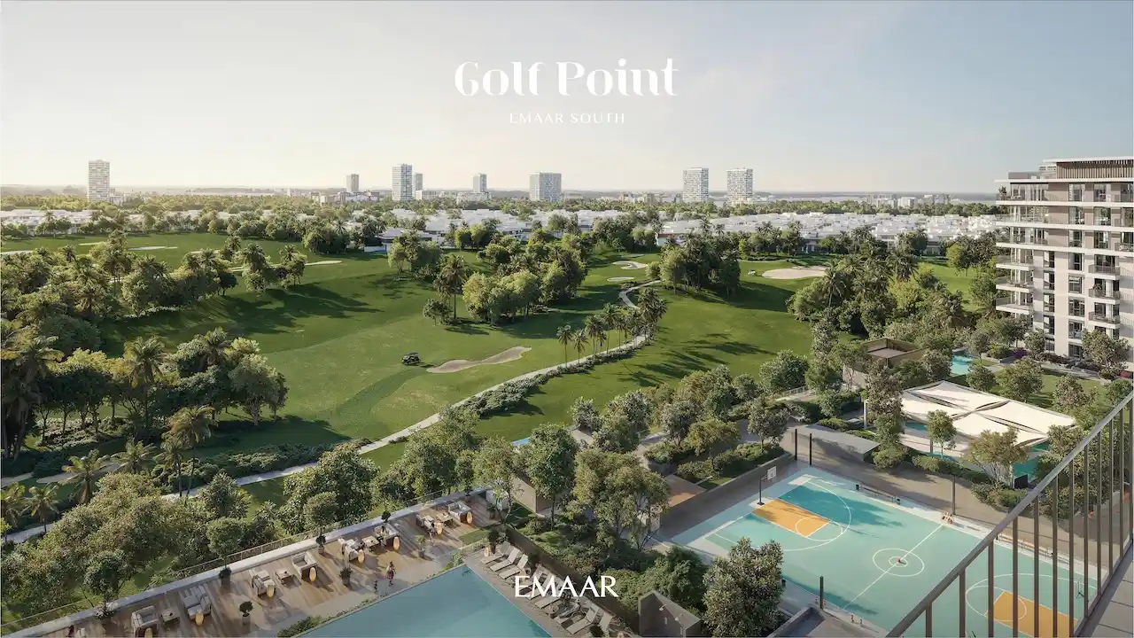 Golf Point at Emaar South by Emaar golf course view with landscaped greenery swimming pool and outdoor sports court Presented by Tohid Fetrat
