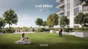 Golf Point at Emaar South by Emaar landscaped garden with open green lawn family friendly outdoor space and residential building Presented by Tohid Fetrat