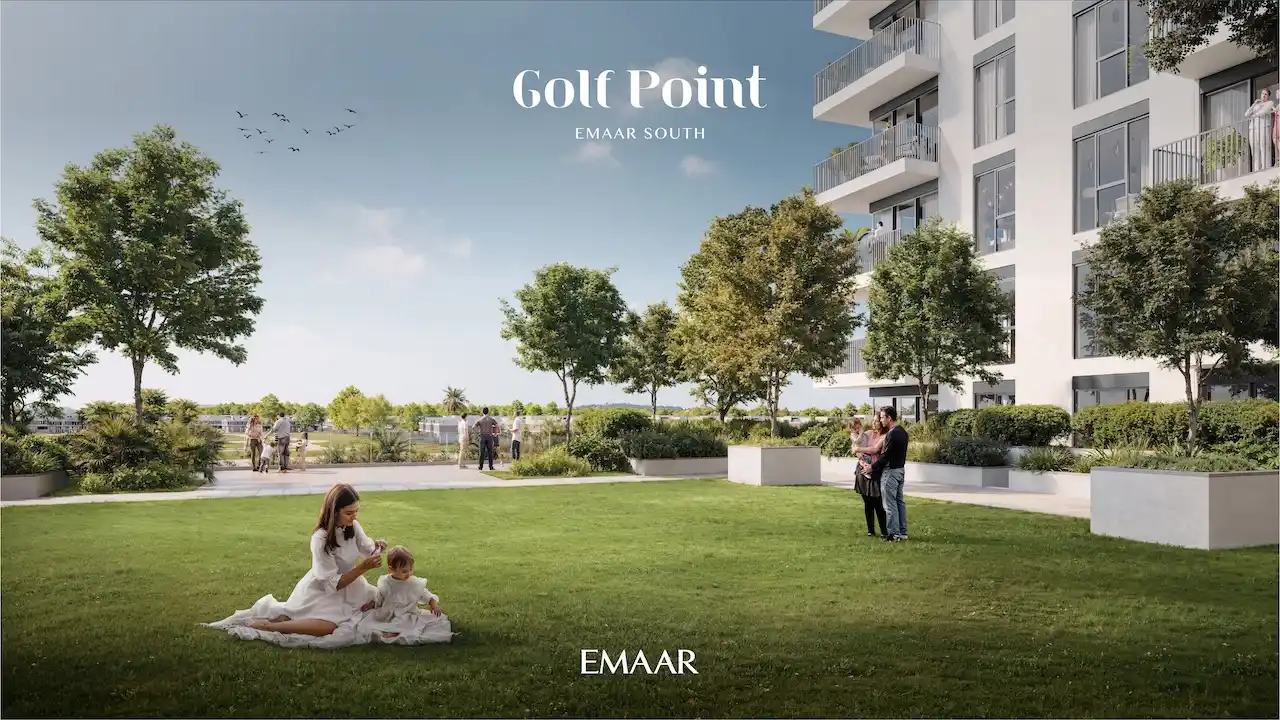 Golf Point at Emaar South by Emaar landscaped garden with open green lawn family friendly outdoor space and residential building Presented by Tohid Fetrat