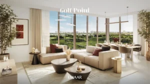 Golf Point at Emaar South by Emaar living room with panoramic golf course view large windows and open dining area Presented by Tohid Fetrat