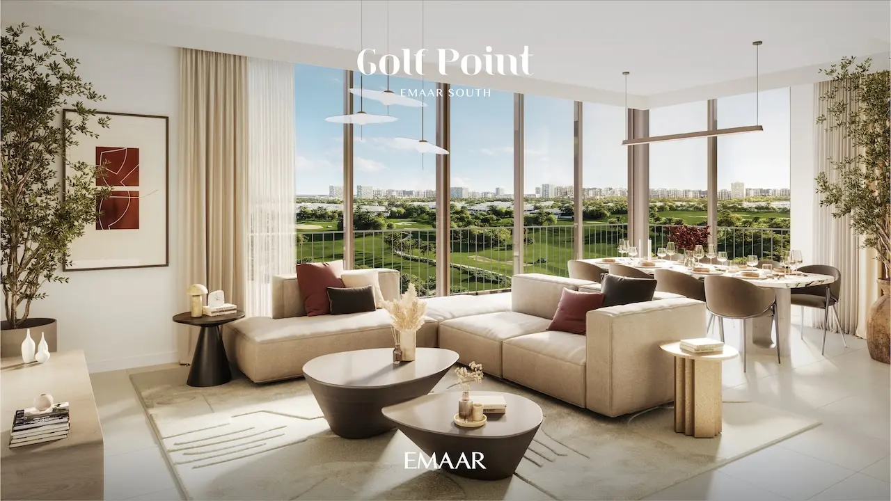 Golf Point at Emaar South by Emaar living room with panoramic golf course view large windows and open dining area Presented by Tohid Fetrat