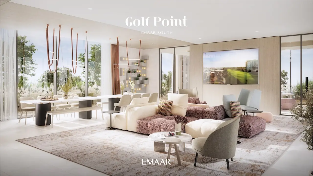 Golf Point at Emaar South by Emaar modern living room interior with open plan layout large windows and elegant furnishings Presented by Tohid Fetrat