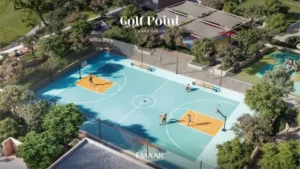 Golf Point at Emaar South by Emaar outdoor basketball court surrounded by landscaped greenery and seating areas Presented by Tohid Fetrat