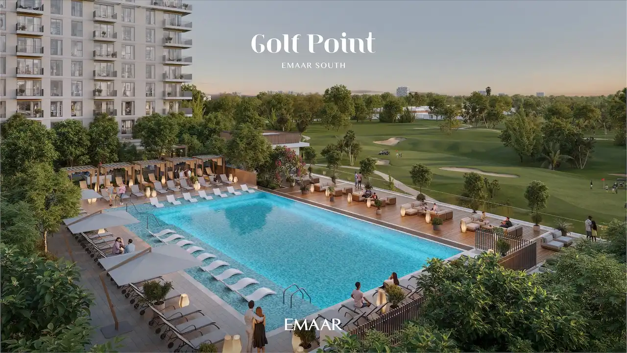 Golf Point at Emaar South by Emaar swimming pool with golf course view sun loungers landscaped deck and residential building Presented by Tohid Fetrat