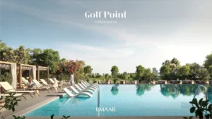 Golf Point at Emaar South by Emaar swimming pool with sun loungers cabanas landscaped greenery and open views Presented by Tohid Fetrat