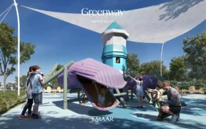 Greenway at Emaar South by Emaar outdoor children play area with creative playground structures and shaded canopy, Dubai - Presented by Tohid Fetrat