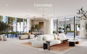 Greenway at Emaar South by Emaar modern community lounge interior with contemporary seating and large glass windows, Dubai - Presented by Tohid Fetrat