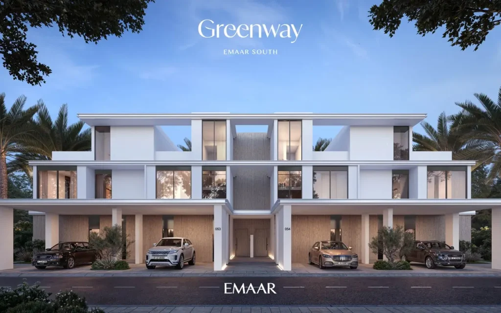 Greenway at Emaar South by Emaar modern townhouse architecture with large windows and covered parking spaces, Dubai - Presented by Tohid Fetrat