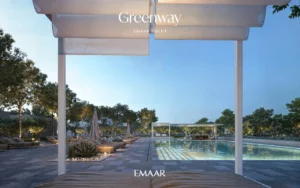 Greenway at Emaar South by Emaar resort style swimming pool with sun loungers and landscaped surroundings, Dubai - Presented by Tohid Fetrat