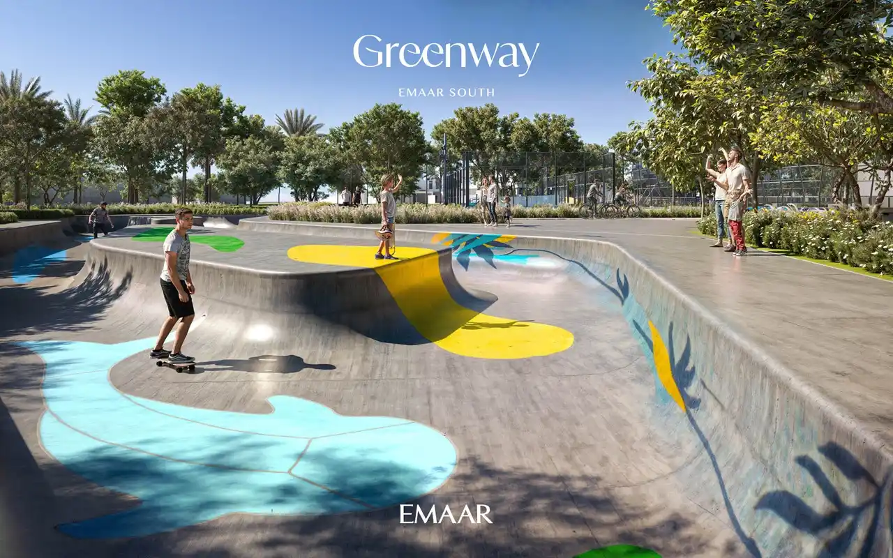 Greenway at Emaar South by Emaar outdoor skate park with modern concrete ramps surrounded by landscaped greenery, Dubai - Presented by Tohid Fetrat